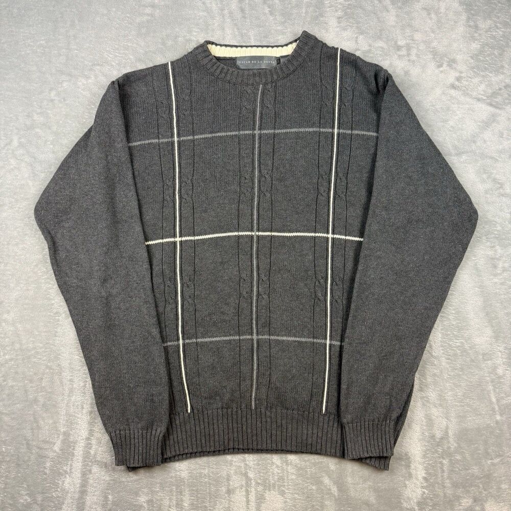 Oscar de la Renta Men’s XL Gray Cable Knit Cotton Sweater Plaid Check